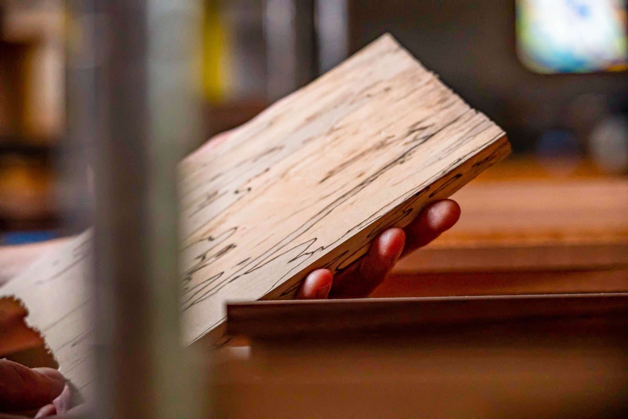 piece of spalted maple wood in a hand under natural light